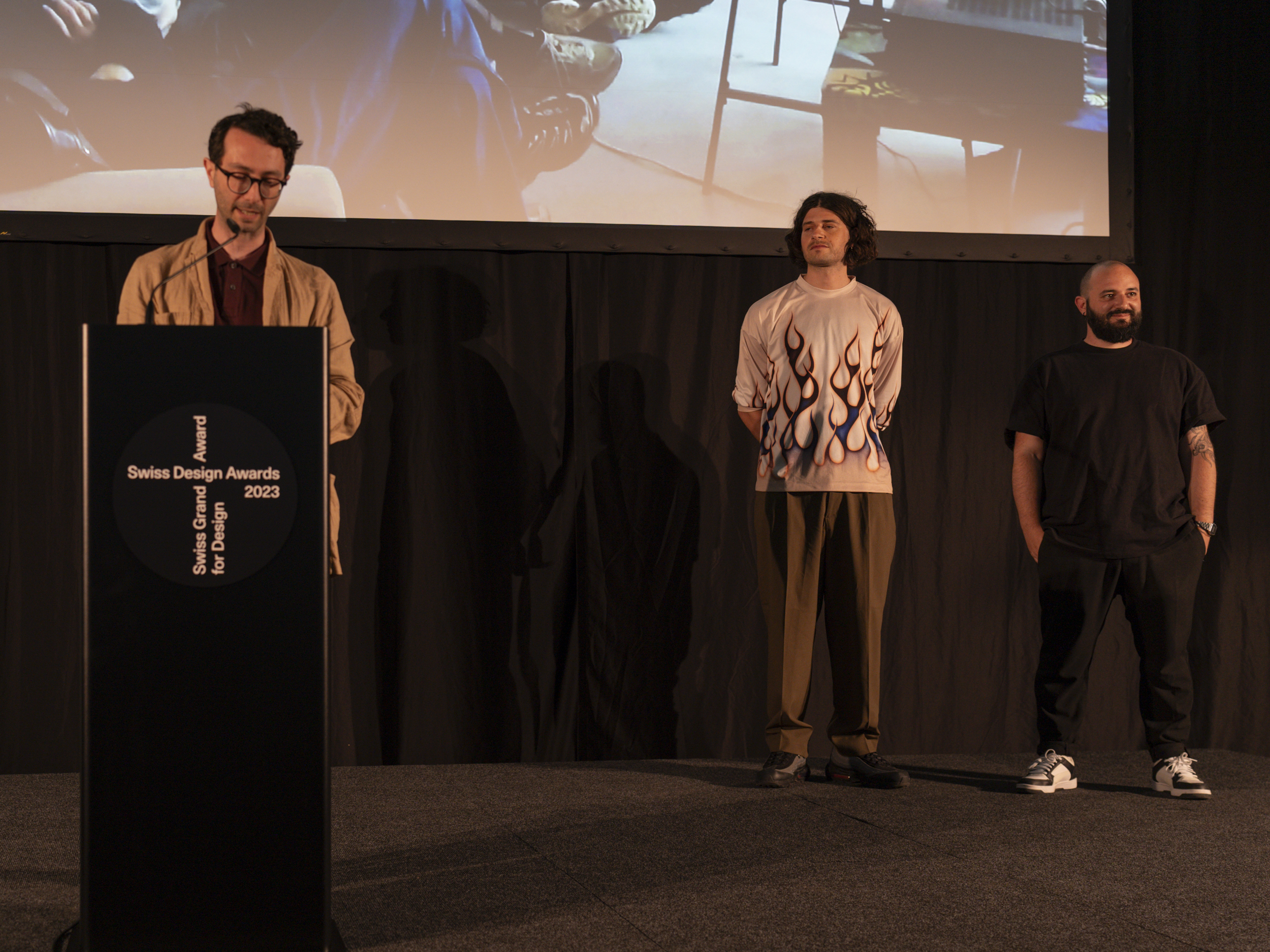 Davide Fornari, commission member, and the winners in the category Design Research